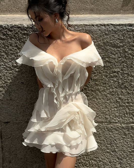 ELODIE RUFFLE MINI DRESS CHAMPAGNE
