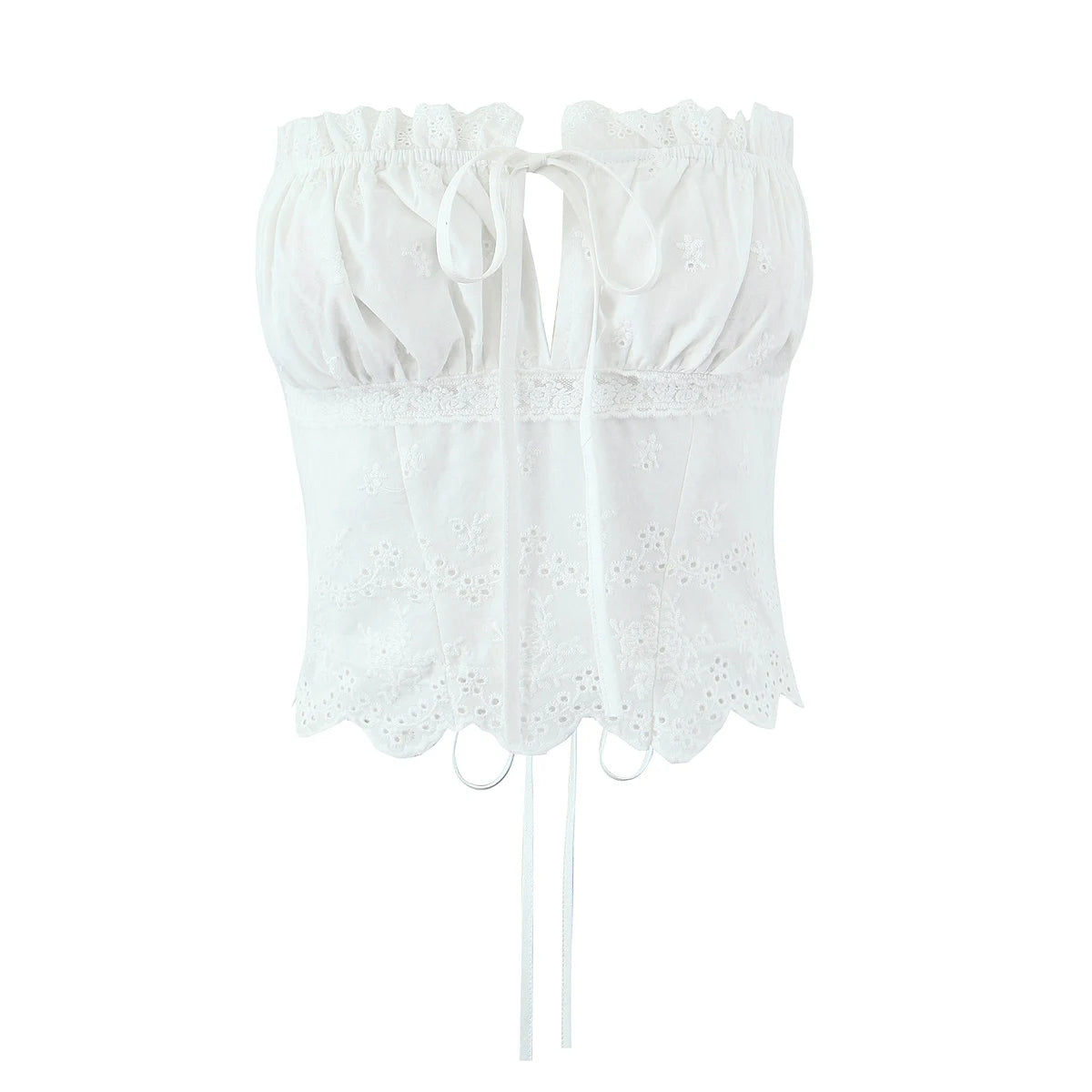 2025 Summer White Embroidery Hollow Out Hole Wood ears Bow Ruched Chest Corset Camisole Women Cross Lacing up Bow Back Tank Top