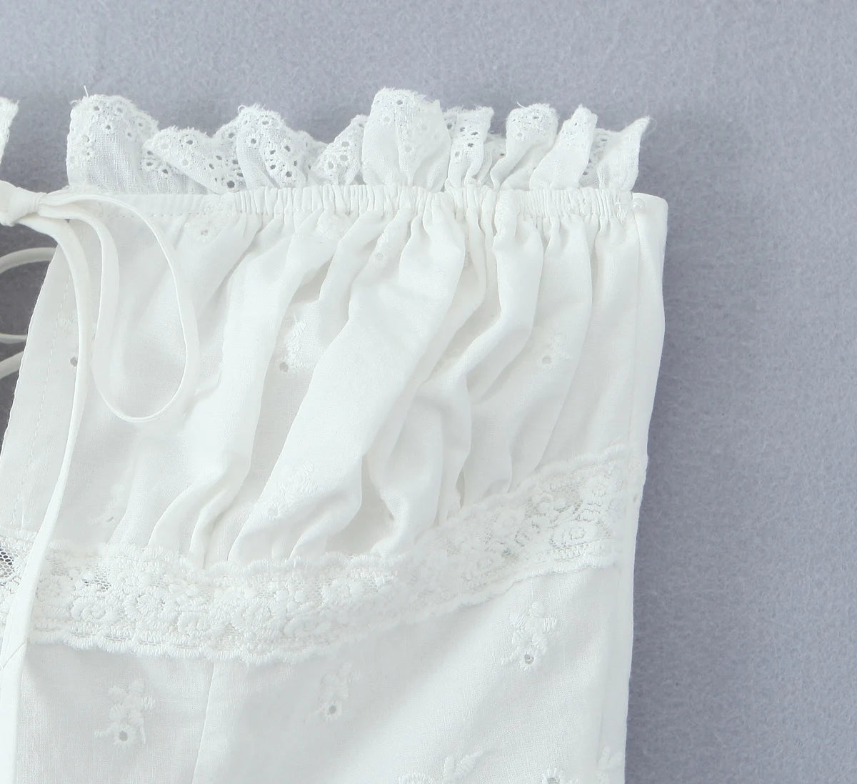 2025 Summer White Embroidery Hollow Out Hole Wood ears Bow Ruched Chest Corset Camisole Women Cross Lacing up Bow Back Tank Top