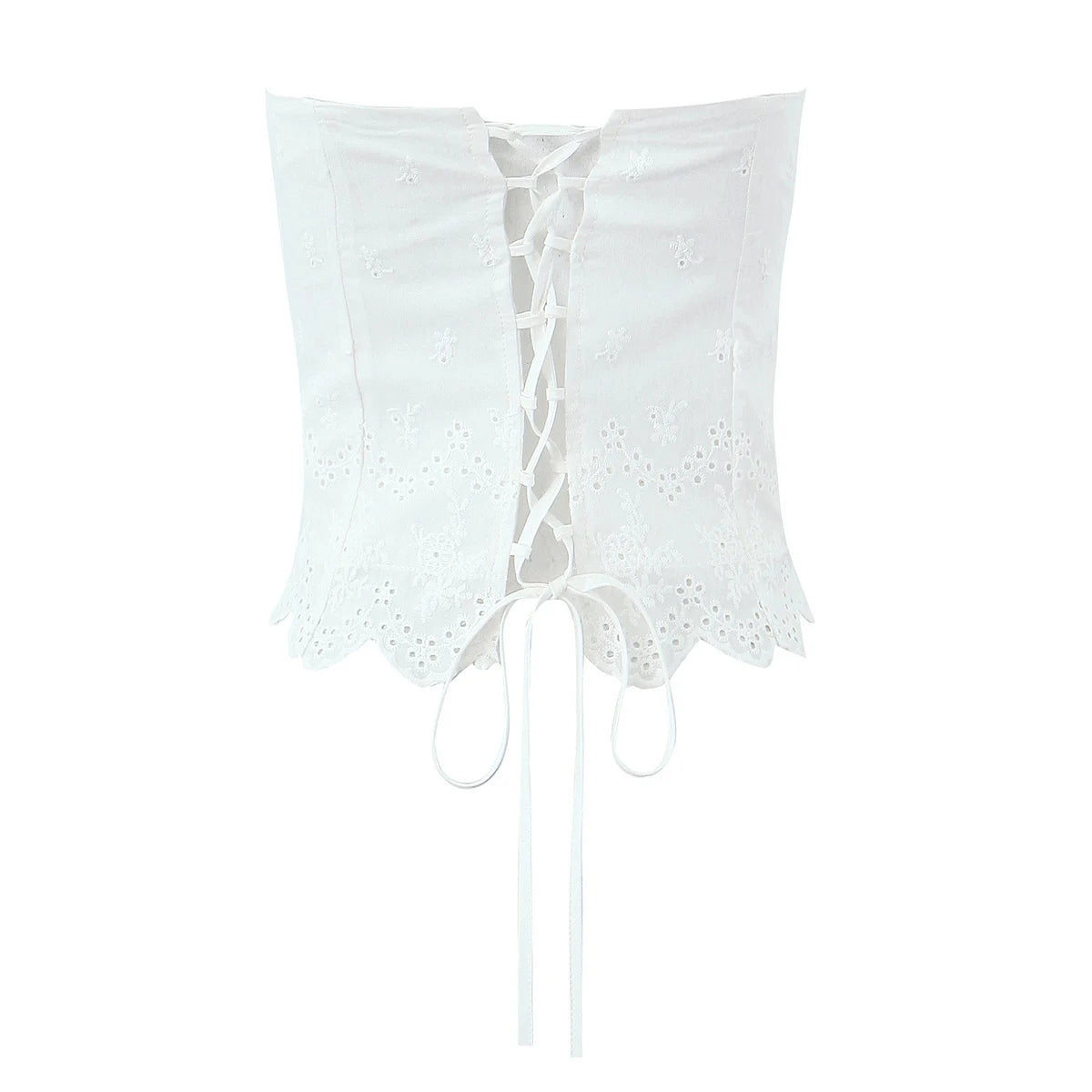 2025 Summer White Embroidery Hollow Out Hole Wood ears Bow Ruched Chest Corset Camisole Women Cross Lacing up Bow Back Tank Top