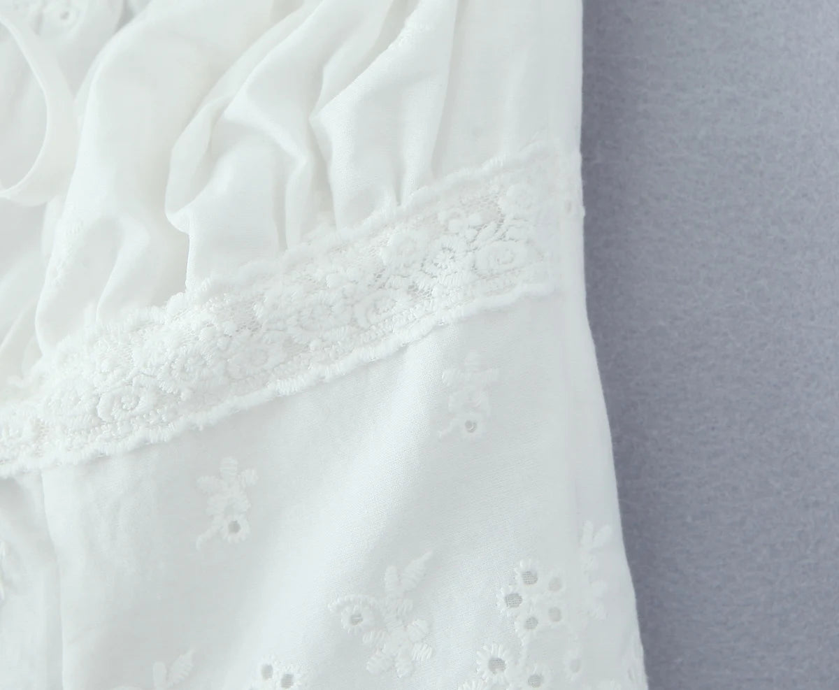 2025 Summer White Embroidery Hollow Out Hole Wood ears Bow Ruched Chest Corset Camisole Women Cross Lacing up Bow Back Tank Top