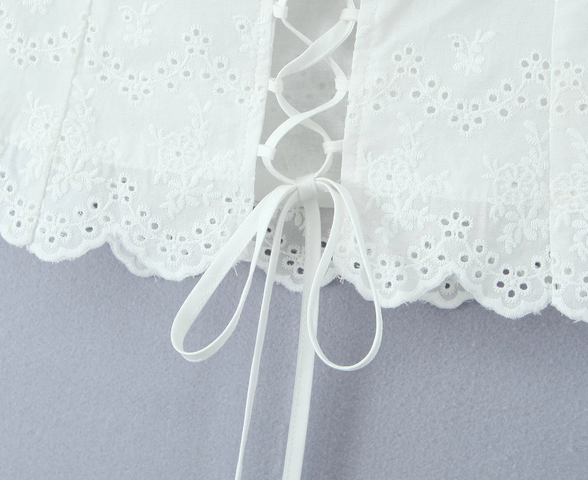 2025 Summer White Embroidery Hollow Out Hole Wood ears Bow Ruched Chest Corset Camisole Women Cross Lacing up Bow Back Tank Top