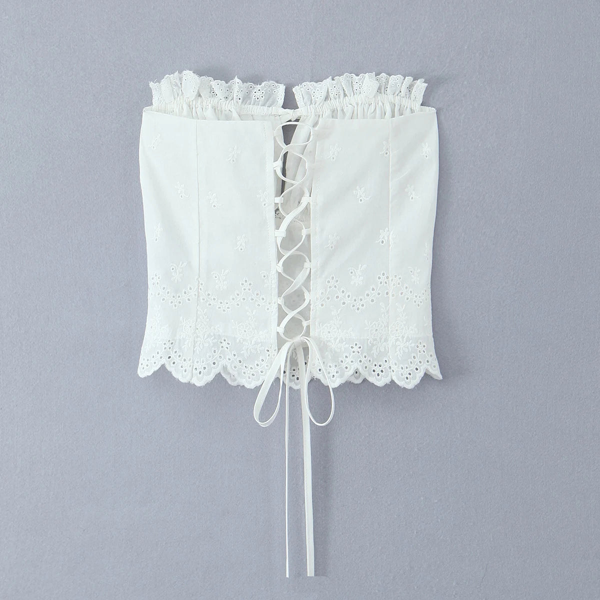 2025 Summer White Embroidery Hollow Out Hole Wood ears Bow Ruched Chest Corset Camisole Women Cross Lacing up Bow Back Tank Top