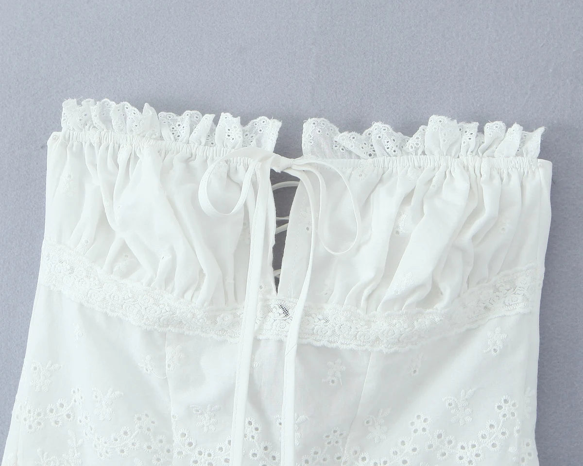 2025 Summer White Embroidery Hollow Out Hole Wood ears Bow Ruched Chest Corset Camisole Women Cross Lacing up Bow Back Tank Top