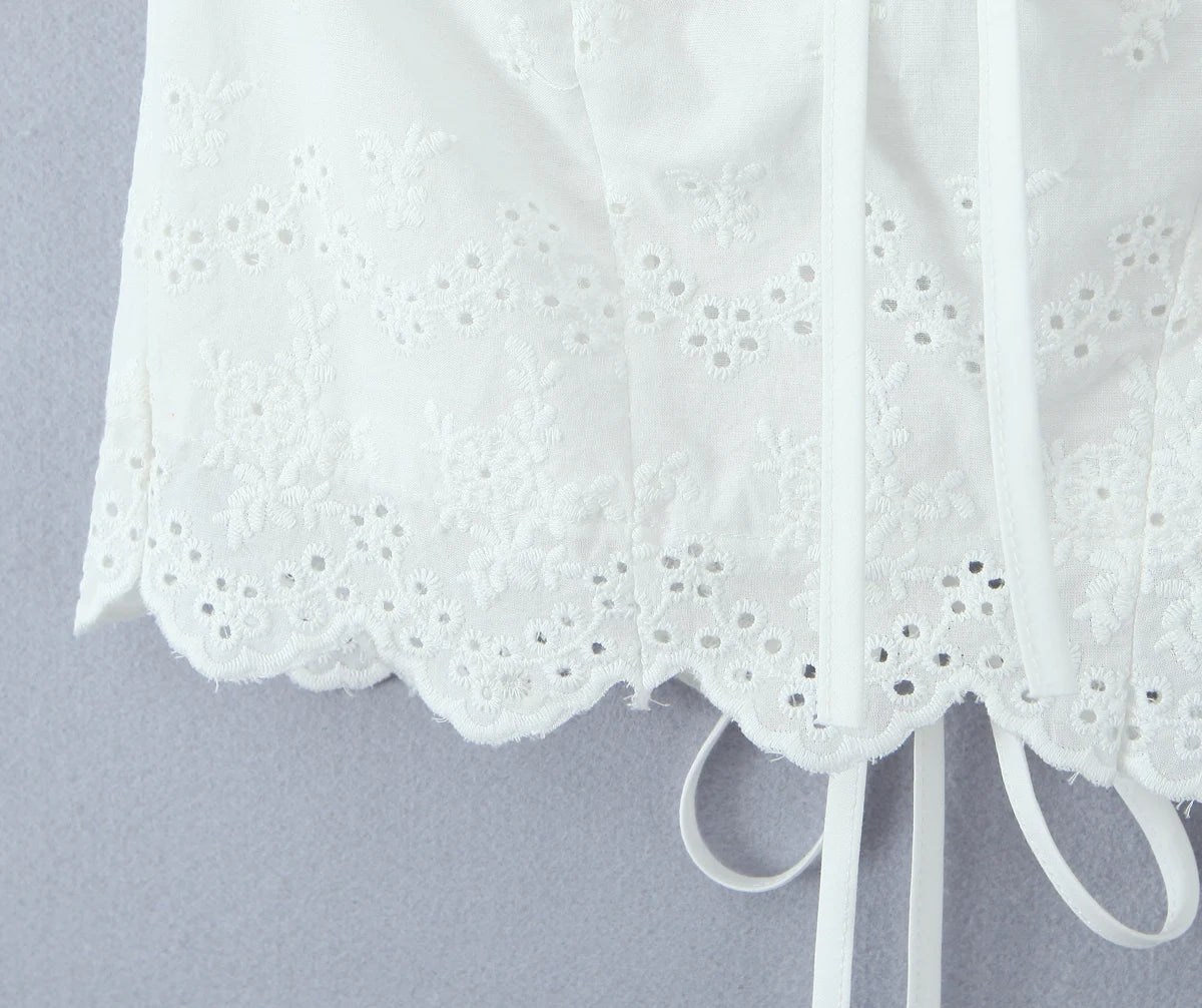 2025 Summer White Embroidery Hollow Out Hole Wood ears Bow Ruched Chest Corset Camisole Women Cross Lacing up Bow Back Tank Top