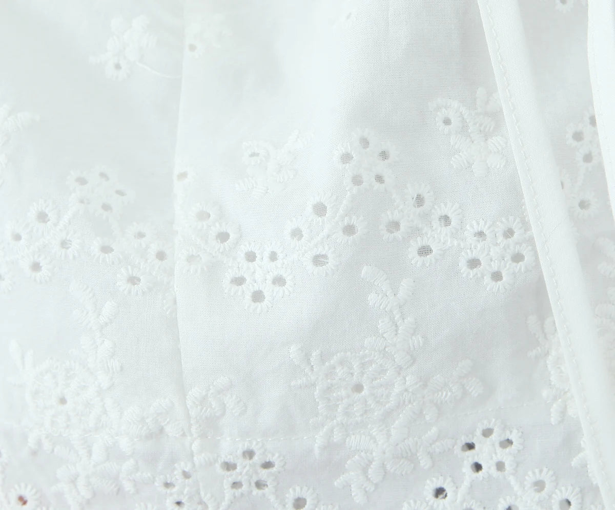 2025 Summer White Embroidery Hollow Out Hole Wood ears Bow Ruched Chest Corset Camisole Women Cross Lacing up Bow Back Tank Top