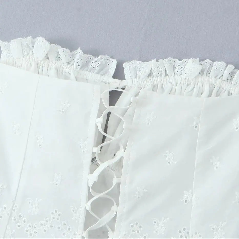 2025 Summer White Embroidery Hollow Out Hole Wood ears Bow Ruched Chest Corset Camisole Women Cross Lacing up Bow Back Tank Top