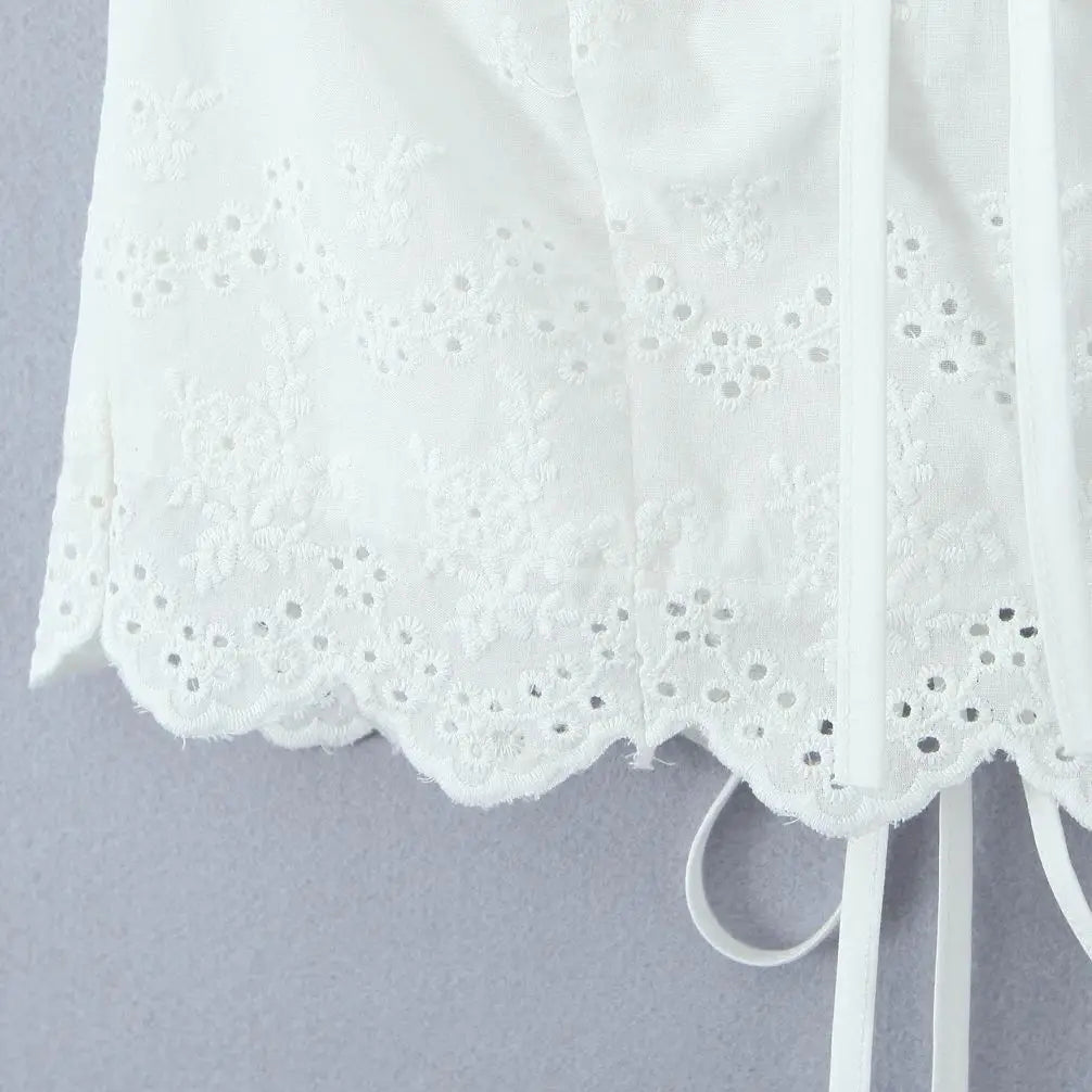 2025 Summer White Embroidery Hollow Out Hole Wood ears Bow Ruched Chest Corset Camisole Women Cross Lacing up Bow Back Tank Top