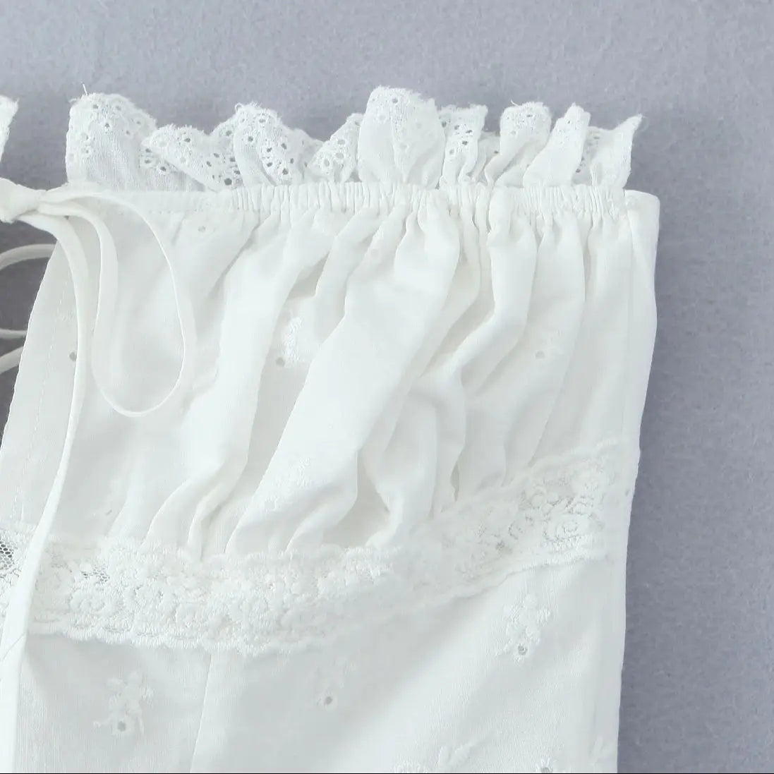 2025 Summer White Embroidery Hollow Out Hole Wood ears Bow Ruched Chest Corset Camisole Women Cross Lacing up Bow Back Tank Top