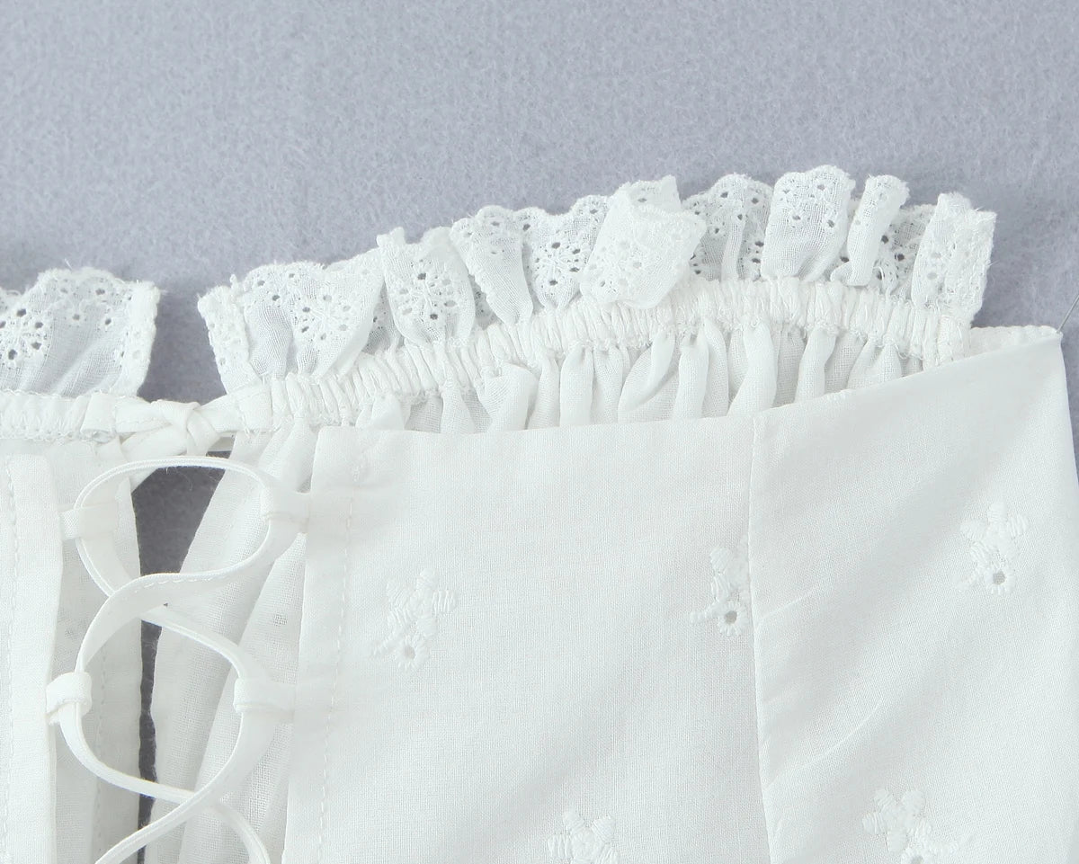 2025 Summer White Embroidery Hollow Out Hole Wood ears Bow Ruched Chest Corset Camisole Women Cross Lacing up Bow Back Tank Top