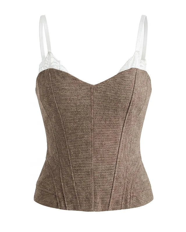 Brown corset with white lace trim on a white background