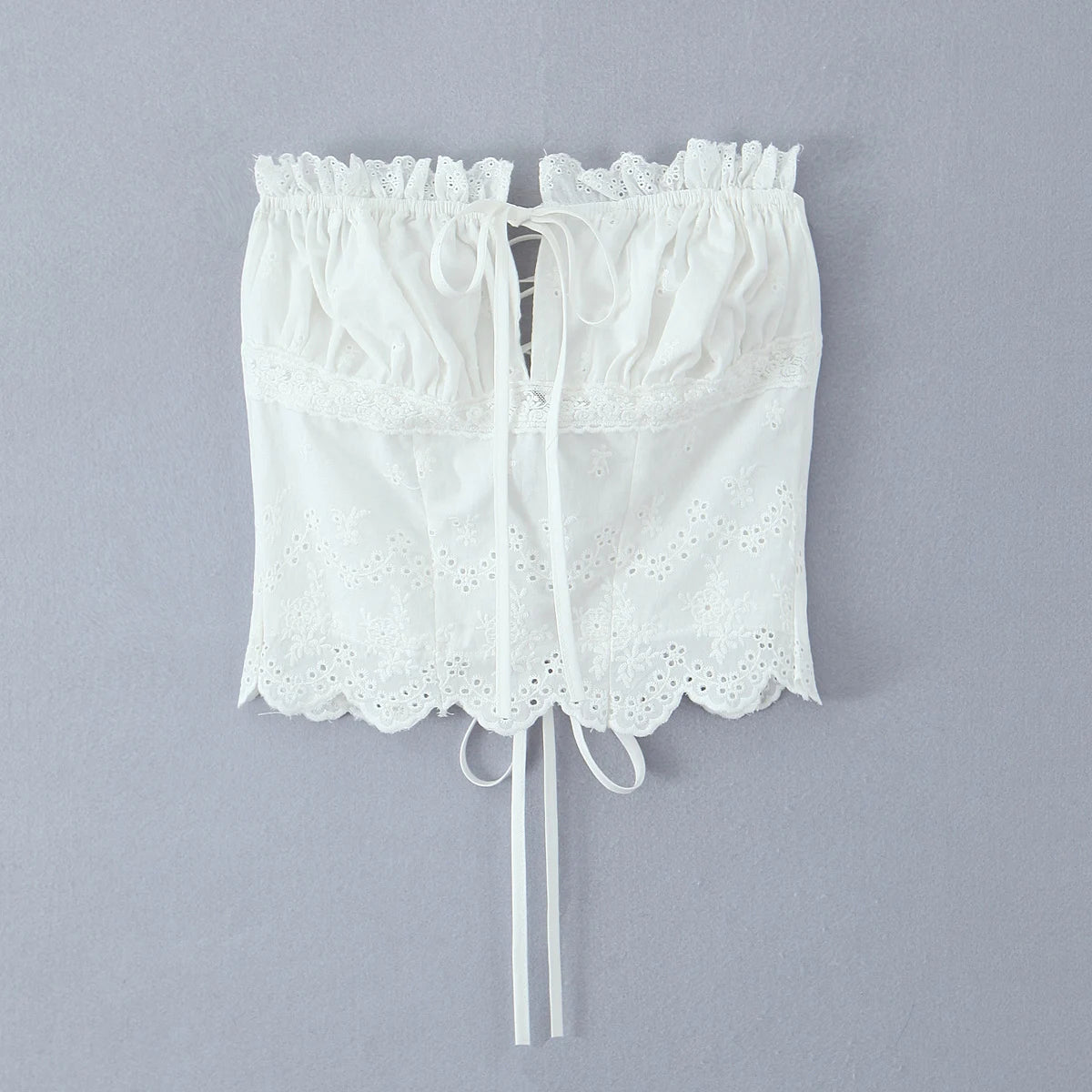 2025 Summer White Embroidery Hollow Out Hole Wood ears Bow Ruched Chest Corset Camisole Women Cross Lacing up Bow Back Tank Top