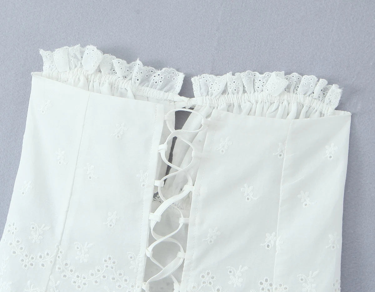 2025 Summer White Embroidery Hollow Out Hole Wood ears Bow Ruched Chest Corset Camisole Women Cross Lacing up Bow Back Tank Top